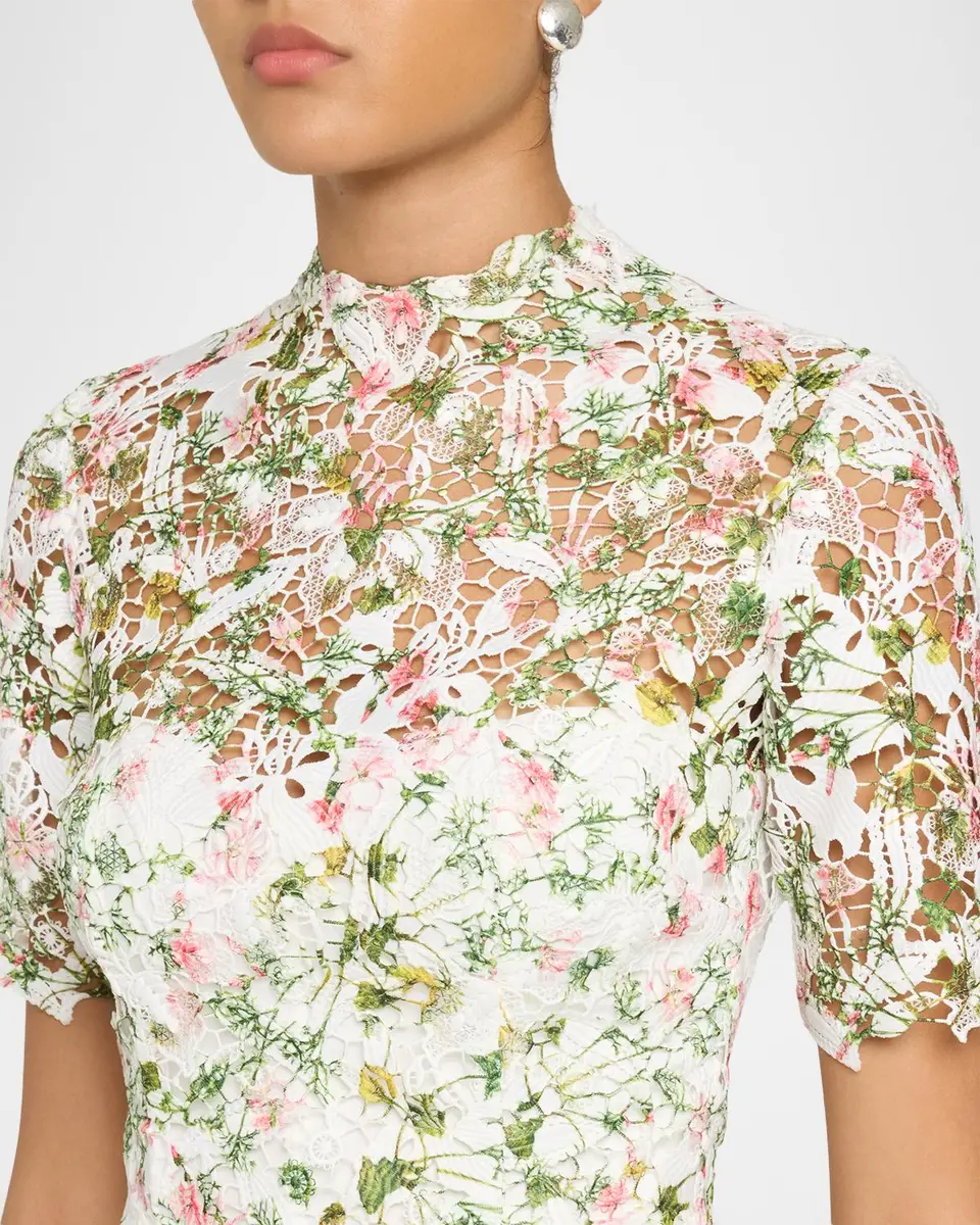 MONIQUE LHUILLIER Ivy Bloom Print Lace Short-Sleeve Midi Dress | Thumbnail 5 MONIQUE LHUILLIER Ivy Bloom Print Lace Short-Sleeve Midi Dress | Thumbnail 5
