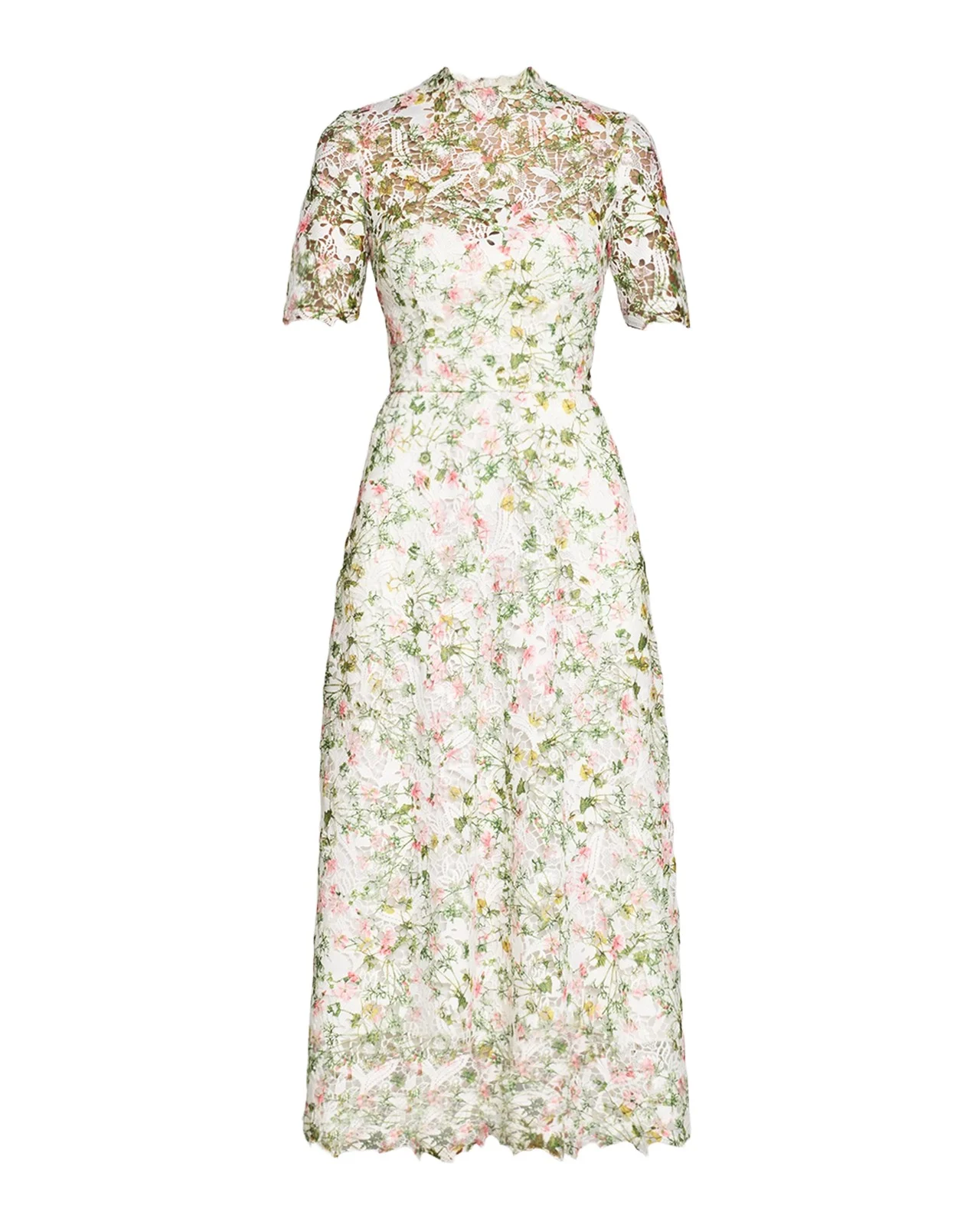 MONIQUE LHUILLIER Ivy Bloom Print Lace Short-Sleeve Midi Dress