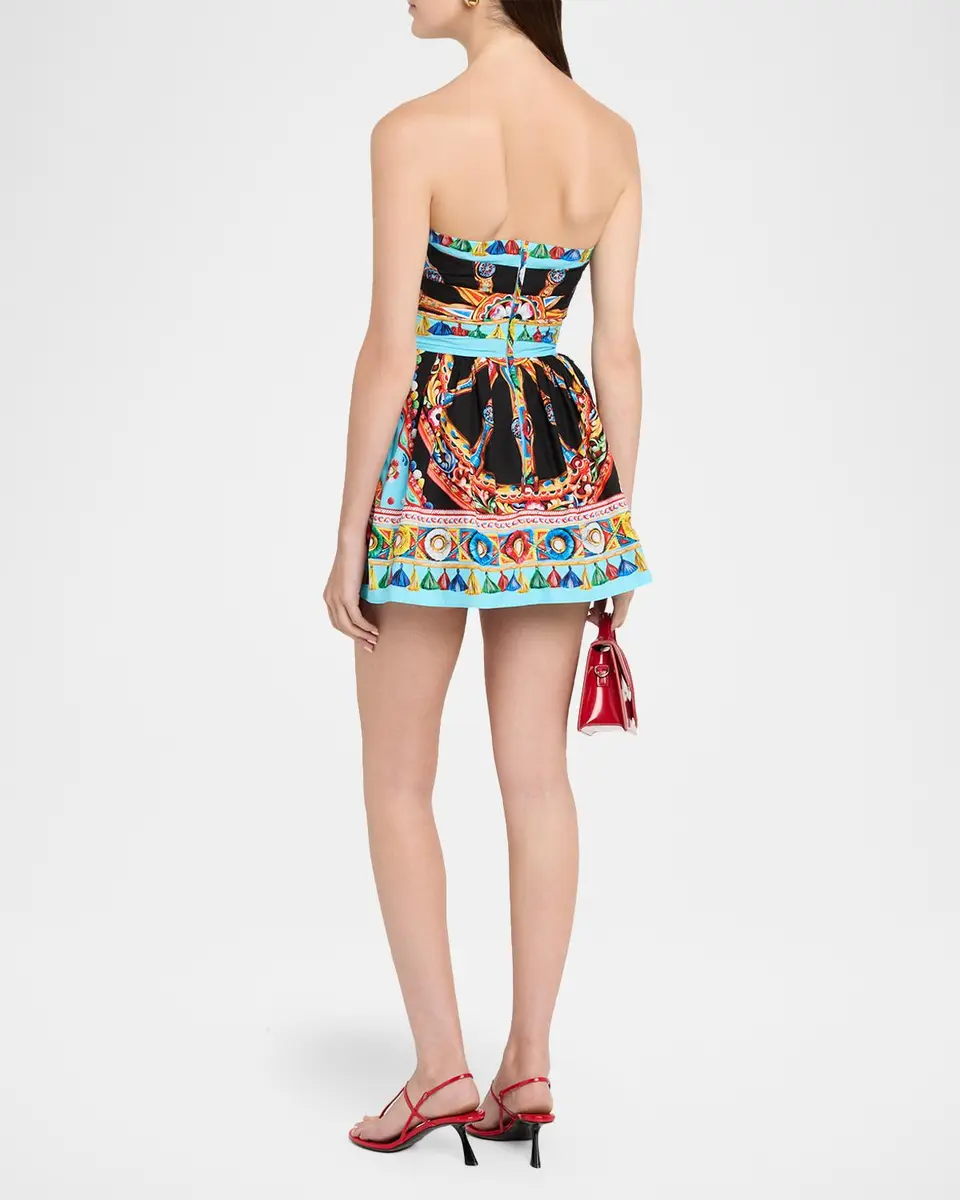 Dolce & Gabbana Strapless Carretto-Print Cotton Flare Mini Dress | Thumbnail 3