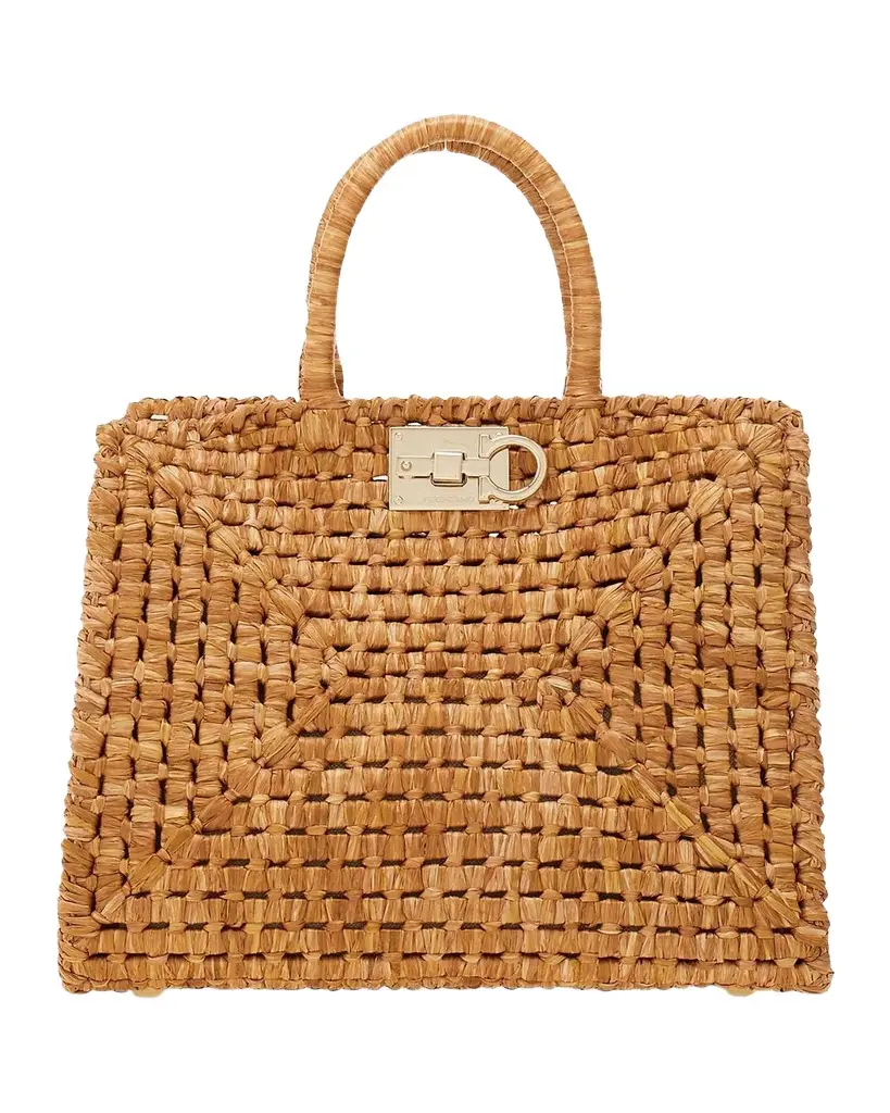 Ferragamo Studio Box Open-Weave Raffia Tote Bag | Image 1 Ferragamo Studio Box Open-Weave Raffia Tote Bag | Image 1
