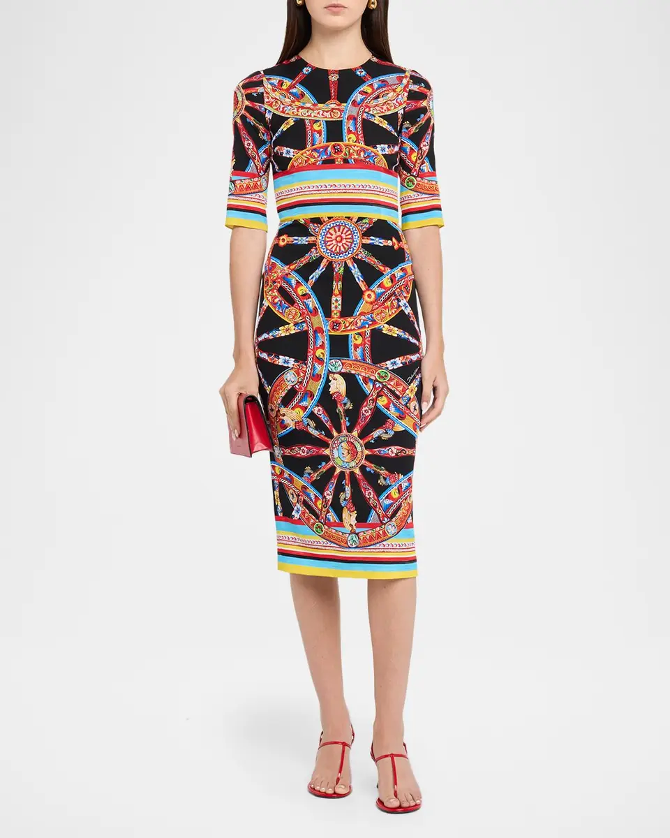 Dolce & Gabbana 3/4-Sleeve Carretto Silk Charmeuse Midi Day Dress | Thumbnail 2 Dolce & Gabbana 3/4-Sleeve Carretto Silk Charmeuse Midi Day Dress | Thumbnail 2