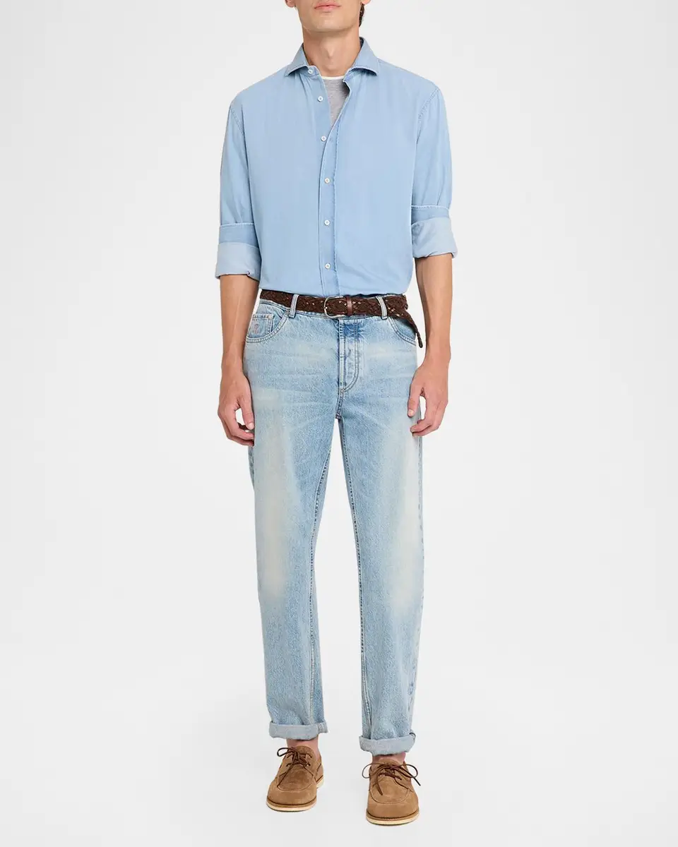 Brunello Cucinelli Men's Cotton Denim Button-Down Shirt | Thumbnail 2 Brunello Cucinelli Men's Cotton Denim Button-Down Shirt | Thumbnail 2