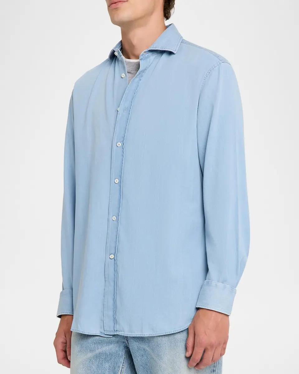 Brunello Cucinelli Men's Cotton Denim Button-Down Shirt | Thumbnail 4 Brunello Cucinelli Men's Cotton Denim Button-Down Shirt | Thumbnail 4