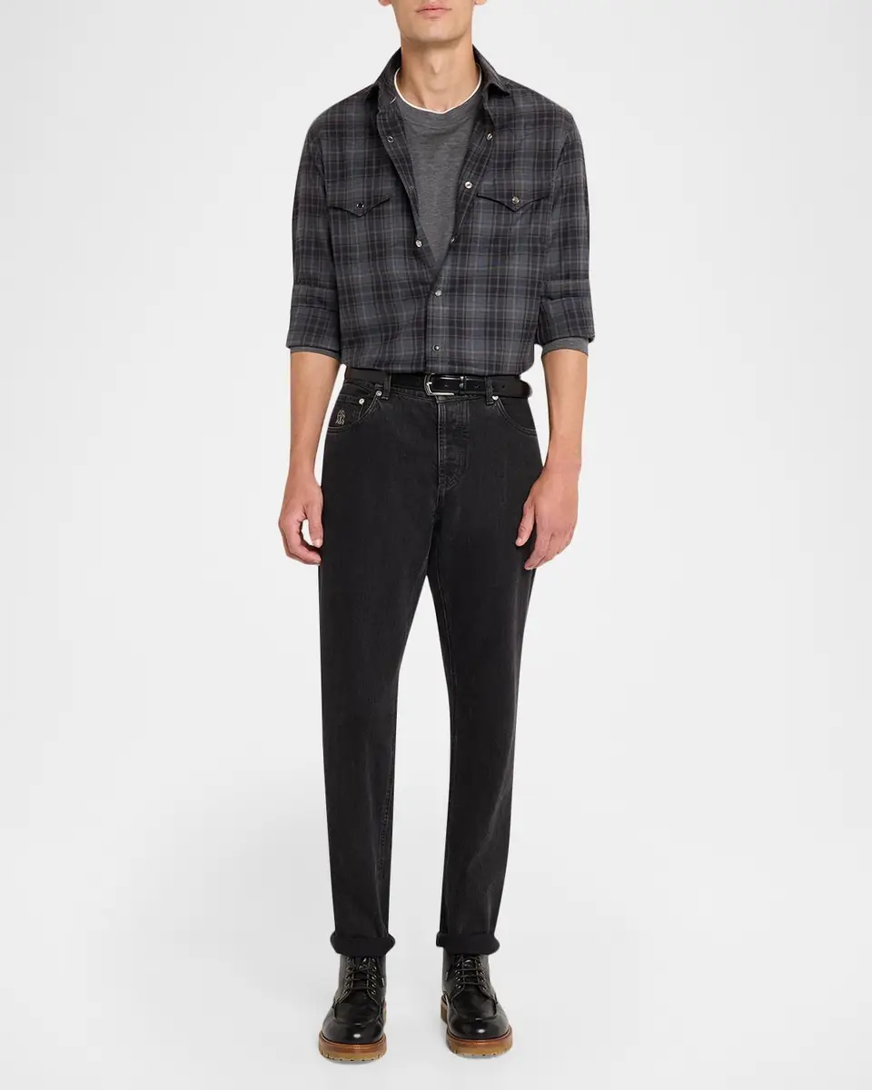 Brunello Cucinelli Men's Cotton Plaid Snap-Front Western Shirt | Thumbnail 2