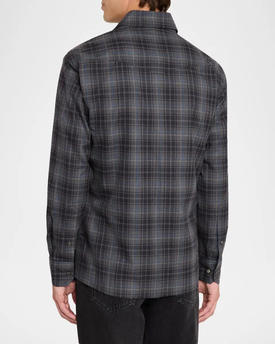 Brunello Cucinelli Men's Cotton Plaid Snap-Front Western Shirt | Thumbnail 3