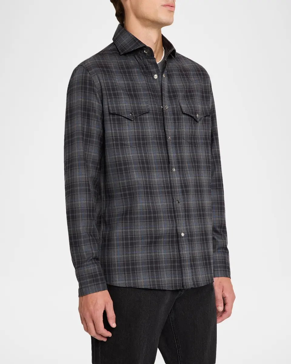 Brunello Cucinelli Men's Cotton Plaid Snap-Front Western Shirt | Thumbnail 4