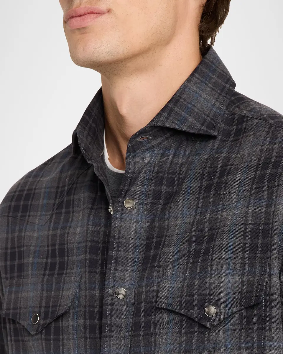 Brunello Cucinelli Men's Cotton Plaid Snap-Front Western Shirt | Thumbnail 5