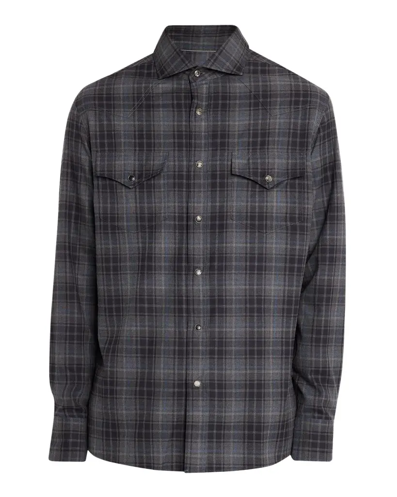 Brunello Cucinelli Men's Cotton Plaid Snap-Front Western Shirt