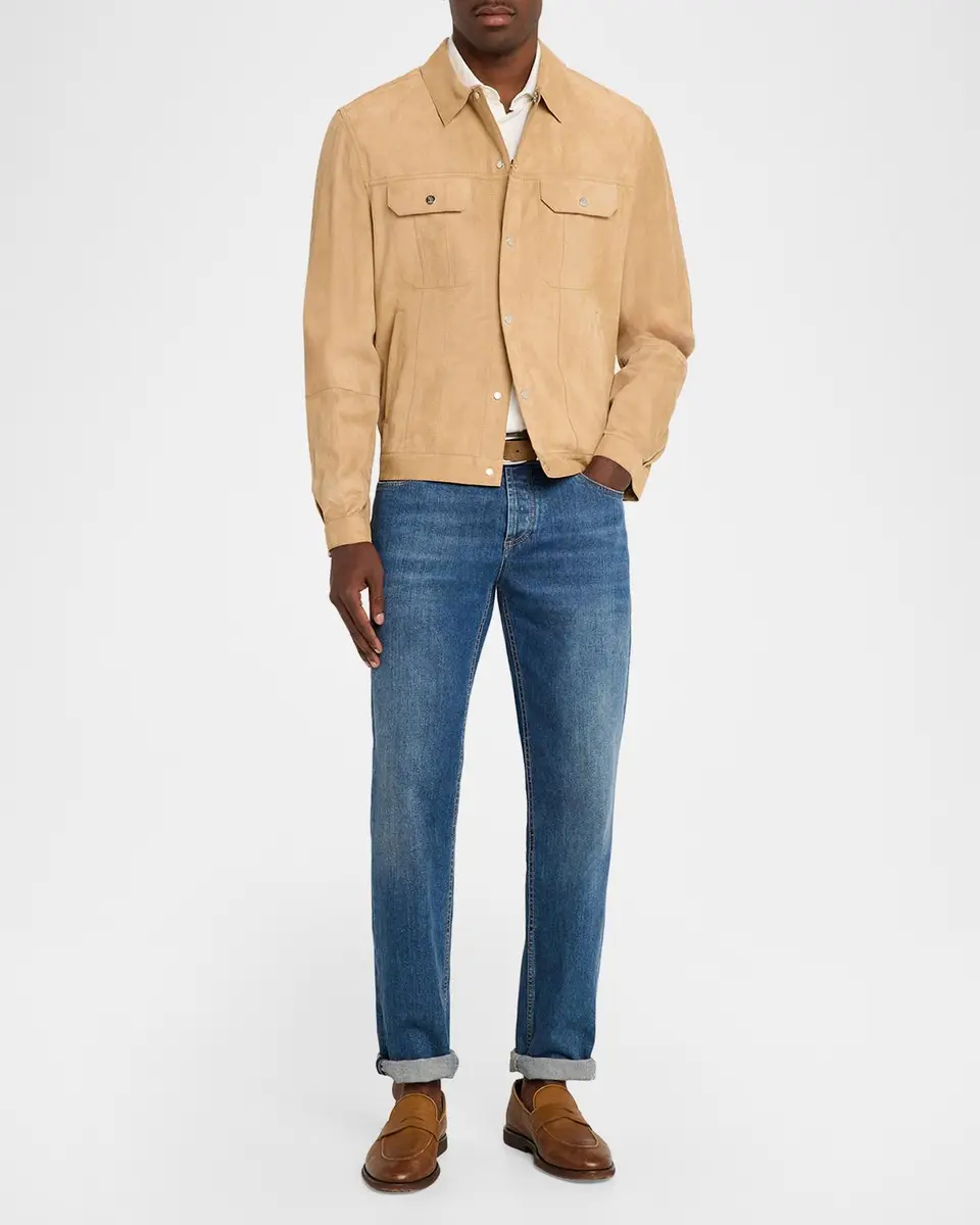Brunello Cucinelli Men's Leather Snap-Front Jacket | Thumbnail 2 Brunello Cucinelli Men's Leather Snap-Front Jacket | Thumbnail 2