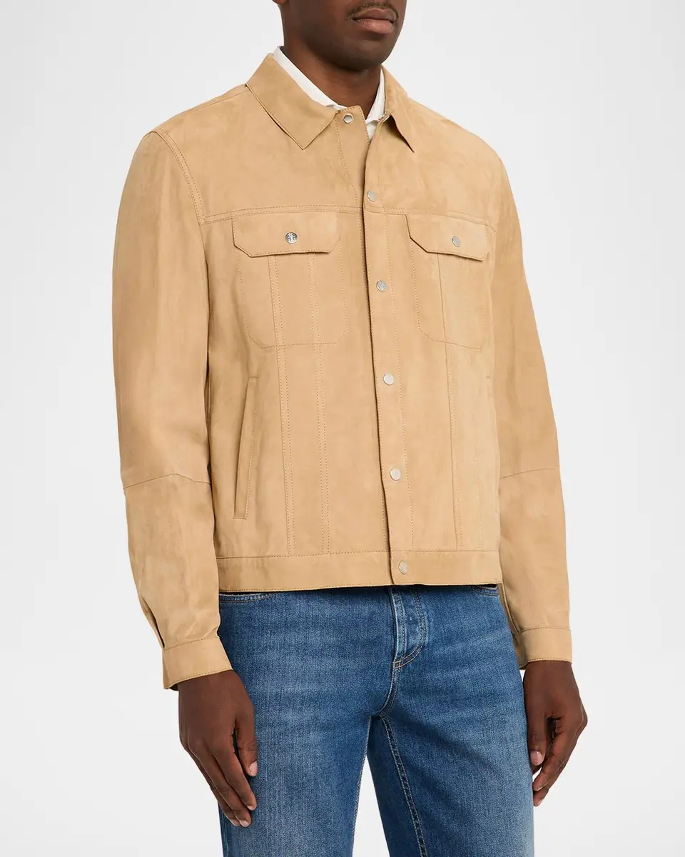 Brunello Cucinelli Men's Leather Snap-Front Jacket | Thumbnail 4 Brunello Cucinelli Men's Leather Snap-Front Jacket | Thumbnail 4