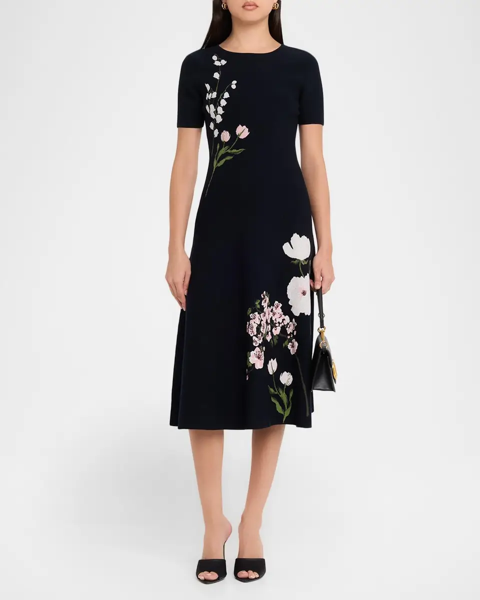 Oscar de la Renta Short-Sleeve Multi Floral Knit Midi Dress | Thumbnail 2 Oscar de la Renta Short-Sleeve Multi Floral Knit Midi Dress | Thumbnail 2