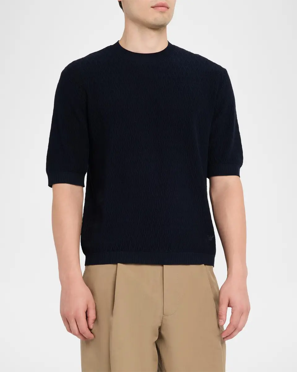 Emporio Armani Men's Tonal Wave Short-Sleeve Crewneck Sweater | Thumbnail 4 Emporio Armani Men's Tonal Wave Short-Sleeve Crewneck Sweater | Thumbnail 4