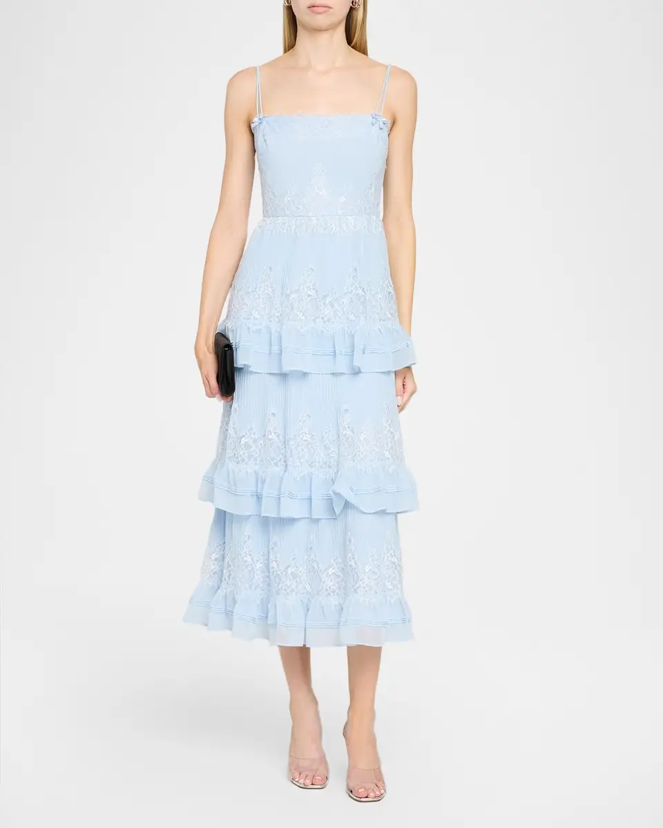Self-Portrait Chiffon Lace Tiered Midi Dress | Thumbnail 2 Self-Portrait Chiffon Lace Tiered Midi Dress | Thumbnail 2