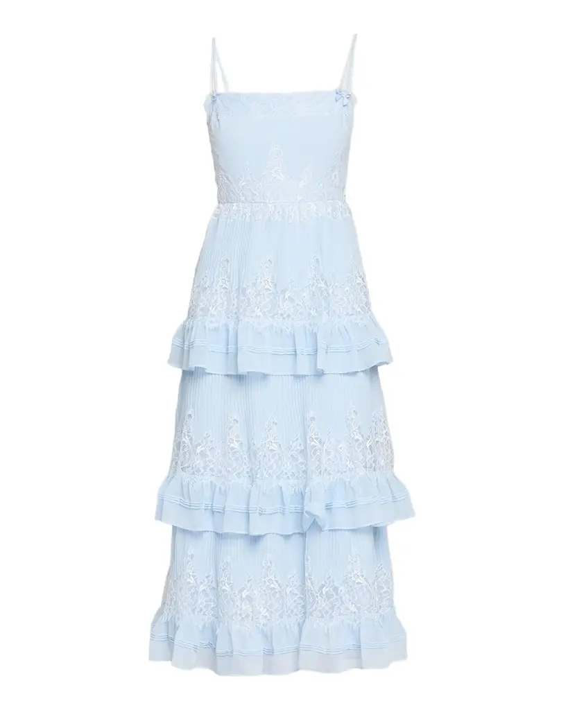 Self-Portrait Chiffon Lace Tiered Midi Dress