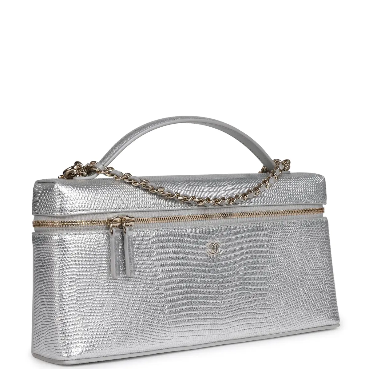 Chanel Chanel Top Handle Long Vanity Case with Chain Silver Metallic Lizard Embossed Calfskin Light Gold Hardware | Thumbnail 2 Chanel Chanel Top Handle Long Vanity Case with Chain Silver Metallic Lizard Embossed Calfskin Light Gold Hardware | Thumbnail 2