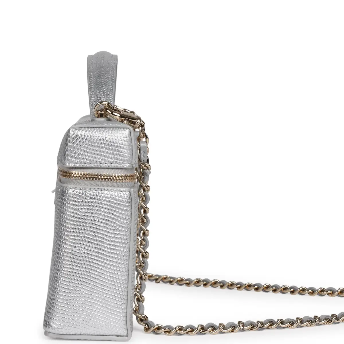 Chanel Chanel Top Handle Long Vanity Case with Chain Silver Metallic Lizard Embossed Calfskin Light Gold Hardware | Thumbnail 3 Chanel Chanel Top Handle Long Vanity Case with Chain Silver Metallic Lizard Embossed Calfskin Light Gold Hardware | Thumbnail 3