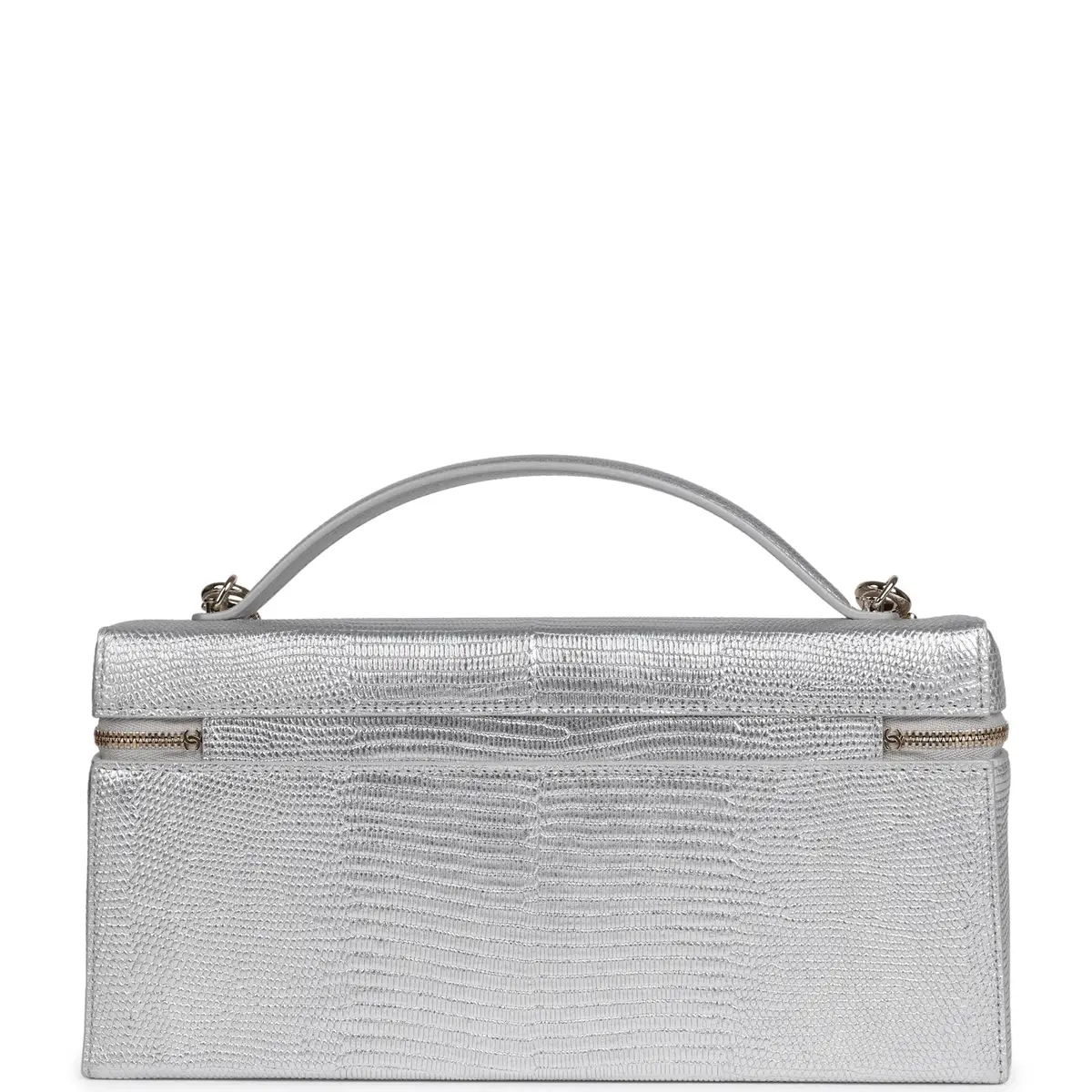 Chanel Chanel Top Handle Long Vanity Case with Chain Silver Metallic Lizard Embossed Calfskin Light Gold Hardware | Thumbnail 4 Chanel Chanel Top Handle Long Vanity Case with Chain Silver Metallic Lizard Embossed Calfskin Light Gold Hardware | Thumbnail 4