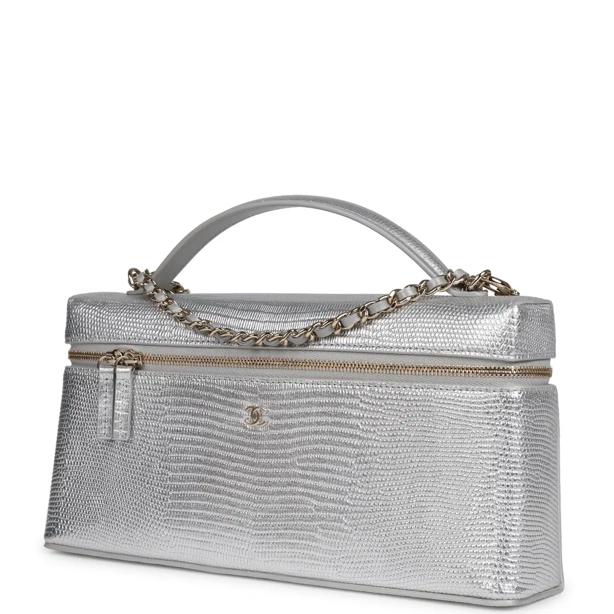 Chanel Chanel Top Handle Long Vanity Case with Chain Silver Metallic Lizard Embossed Calfskin Light Gold Hardware | Thumbnail 5 Chanel Chanel Top Handle Long Vanity Case with Chain Silver Metallic Lizard Embossed Calfskin Light Gold Hardware | Thumbnail 5