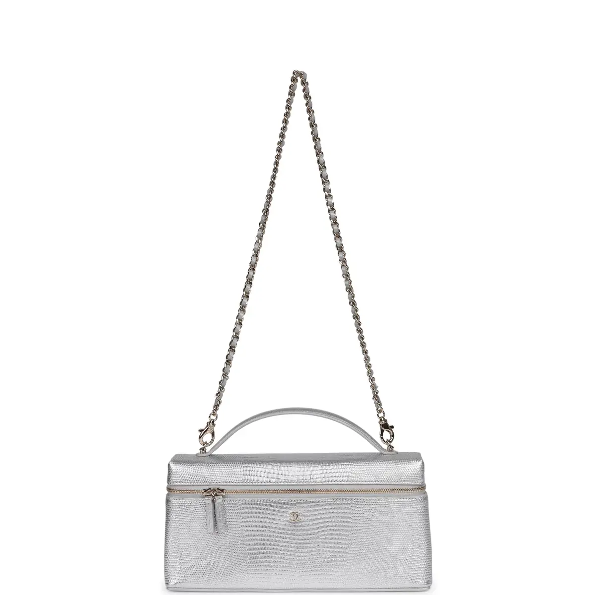 Chanel Chanel Top Handle Long Vanity Case with Chain Silver Metallic Lizard Embossed Calfskin Light Gold Hardware | Thumbnail 7 Chanel Chanel Top Handle Long Vanity Case with Chain Silver Metallic Lizard Embossed Calfskin Light Gold Hardware | Thumbnail 7