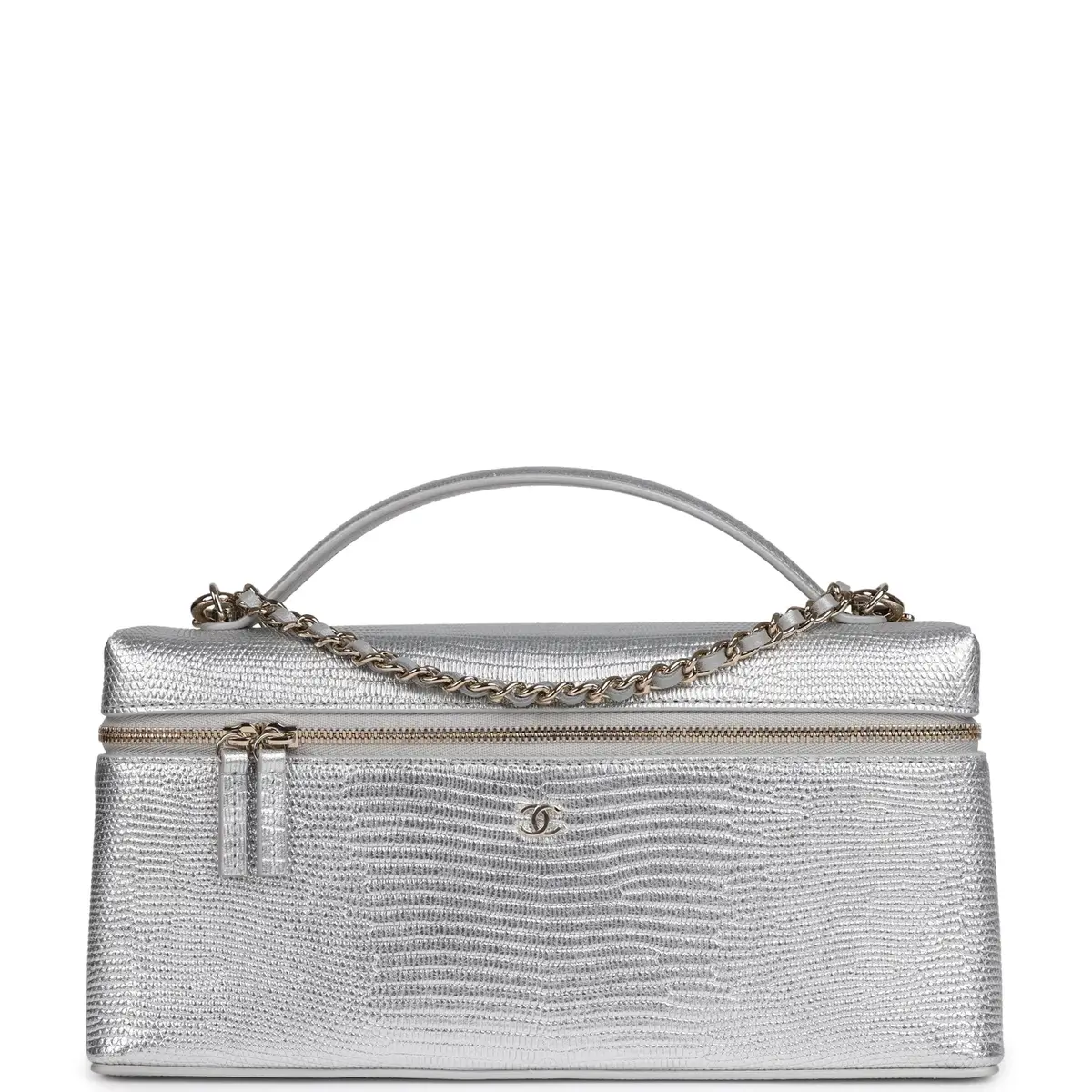 Chanel Chanel Top Handle Long Vanity Case with Chain Silver Metallic Lizard Embossed Calfskin Light Gold Hardware | Image 1 Chanel Chanel Top Handle Long Vanity Case with Chain Silver Metallic Lizard Embossed Calfskin Light Gold Hardware | Image 1