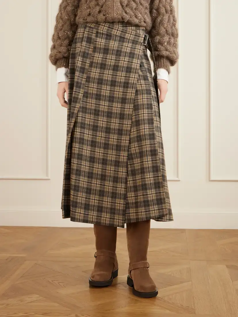 Brunello Cucinelli Checked Wool-blend Wrap Midi Skirt | Thumbnail 3 Brunello Cucinelli Checked Wool-blend Wrap Midi Skirt | Thumbnail 3