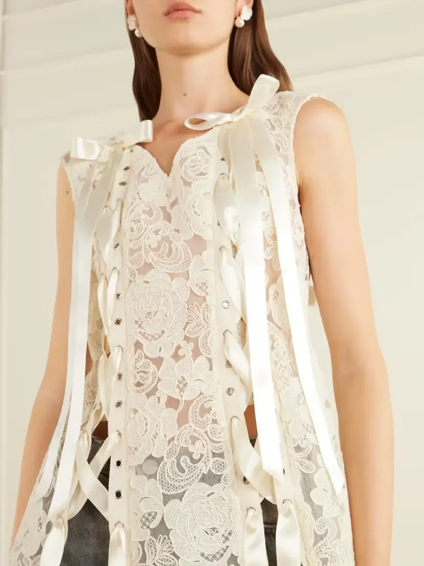 Simone Rocha Unraveling Ribbon Portrait Bow-detailed Lace Top | Thumbnail 4