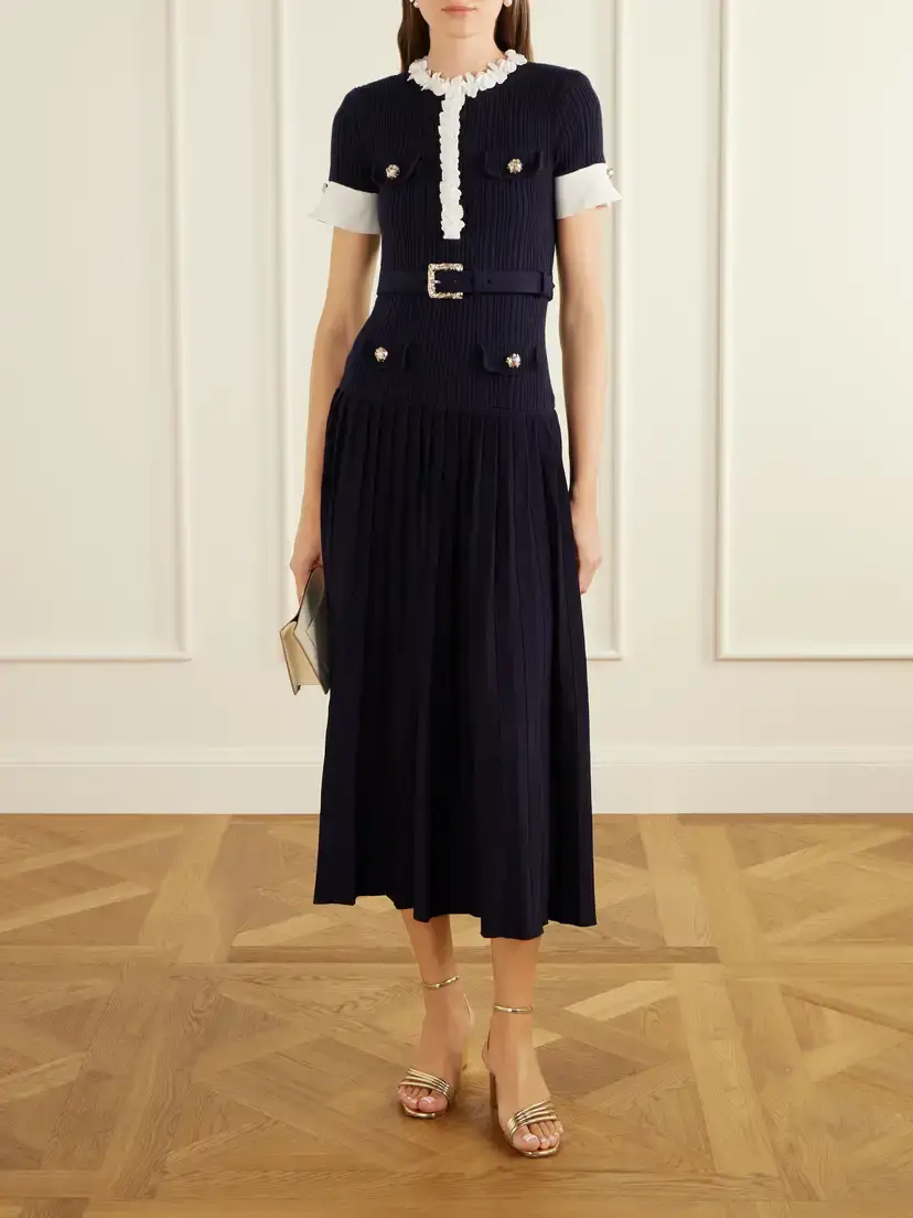 Self-Portrait Belted Floral-appliquéd Ribbed Midi Dress | Thumbnail 2 Self-Portrait Belted Floral-appliquéd Ribbed Midi Dress | Thumbnail 2