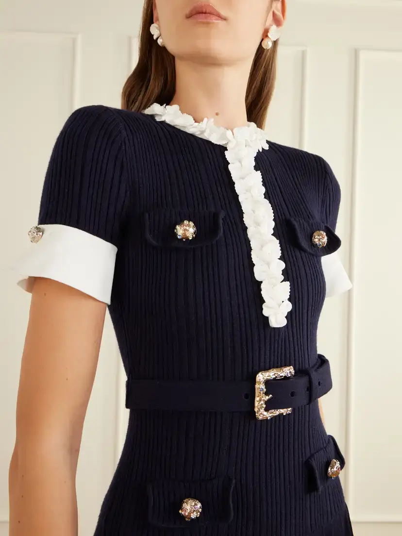 Self-Portrait Belted Floral-appliquéd Ribbed Midi Dress | Thumbnail 4 Self-Portrait Belted Floral-appliquéd Ribbed Midi Dress | Thumbnail 4