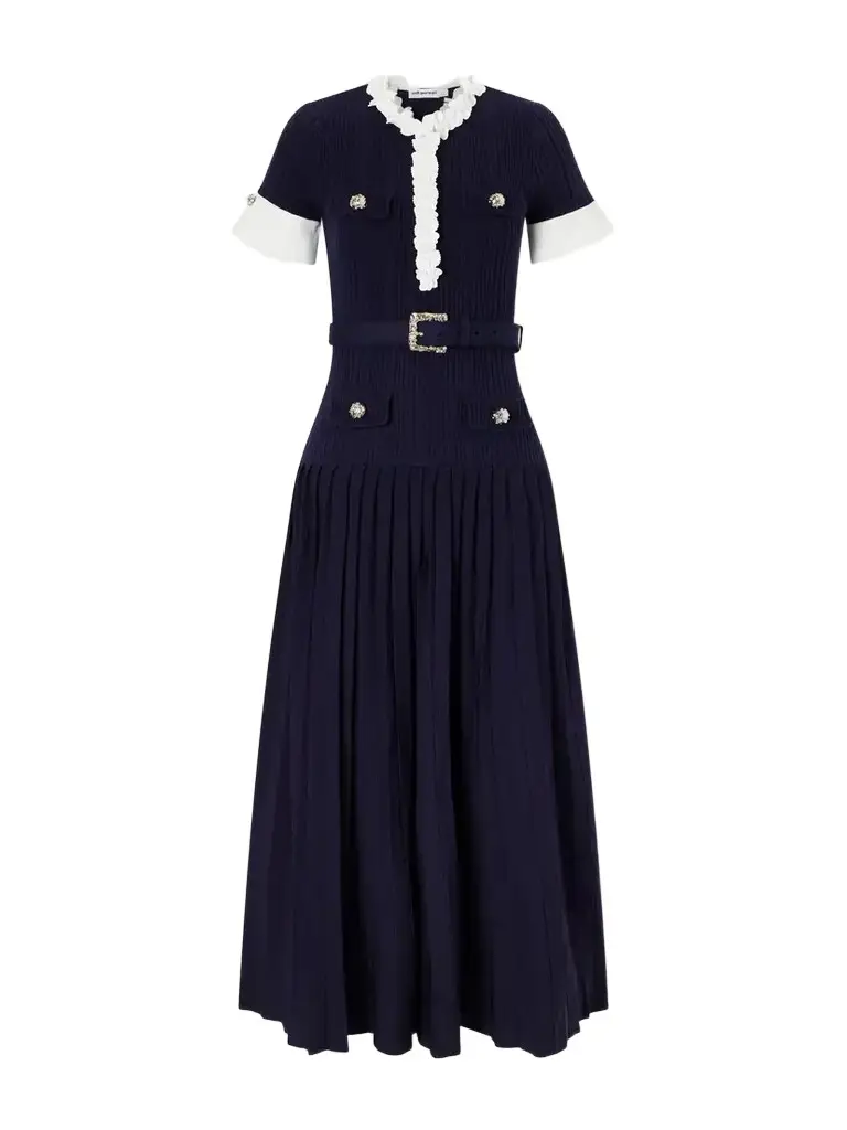 Self-Portrait Belted Floral-appliquéd Ribbed Midi Dress
