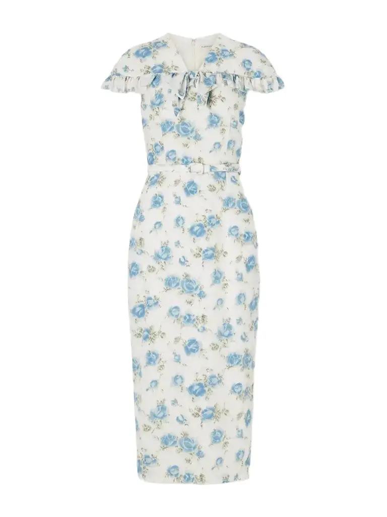 Alessandra Rich Belted Floral-print Ruffle-trim Silk-crepe Midi Dress