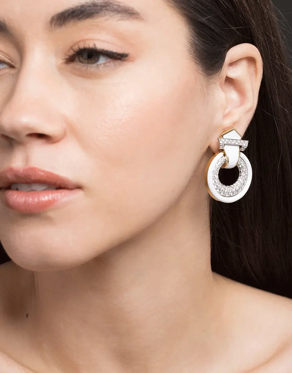 DAVID WEBB Diamond White Enamel Doorknocker Earrings | Thumbnail 2