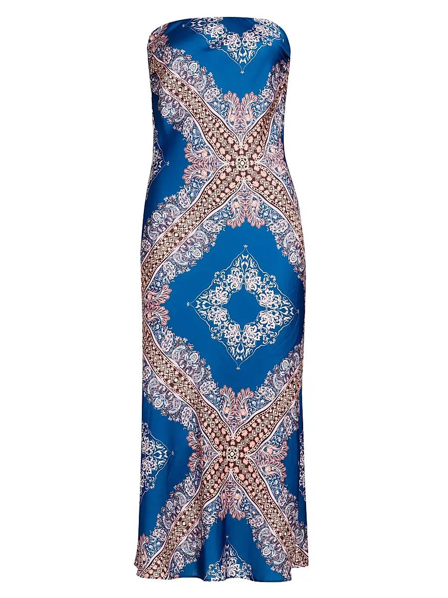 MISA Los Angeles Women's Thara Paisley Medallion Strapless Midi-Dress - Sapphire Tapis Satin | Image 1 MISA Los Angeles Women's Thara Paisley Medallion Strapless Midi-Dress - Sapphire Tapis Satin | Image 1