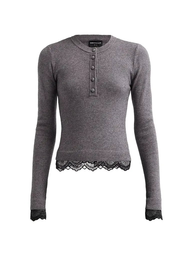 Generation Love Women's Olivia Lace-Trim Henley Sweater - Heather Charcoal Black | Image 1 Generation Love Women's Olivia Lace-Trim Henley Sweater - Heather Charcoal Black | Image 1