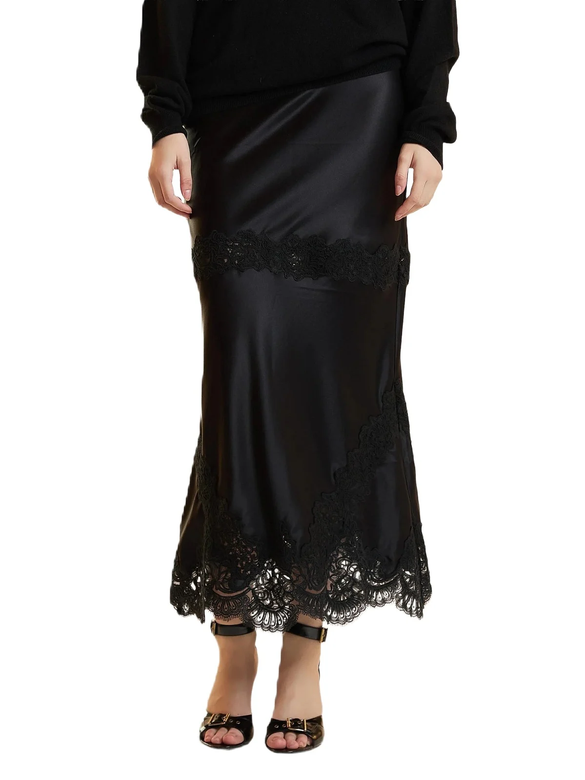 Women's Satin Lace-Trim Midi-Skirt