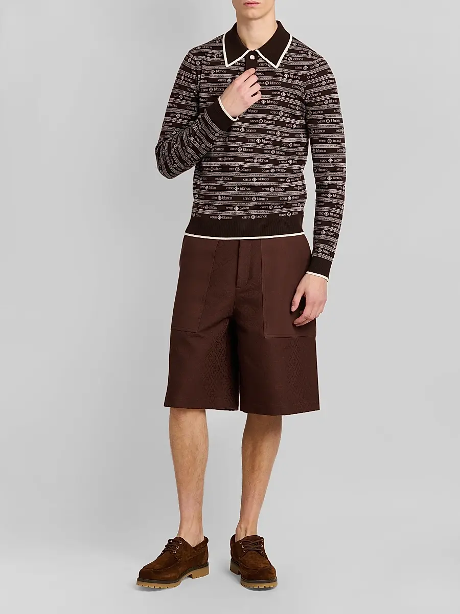 Casablanca Men's Wordmark Wool Long-Sleeve Polo Shirt - Dark Brown | Thumbnail 2