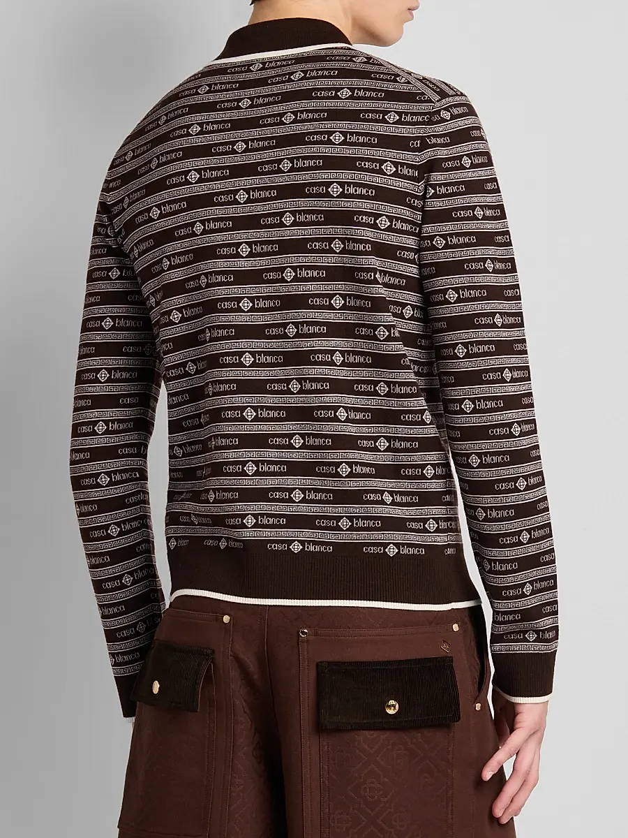 Casablanca Men's Wordmark Wool Long-Sleeve Polo Shirt - Dark Brown | Thumbnail 3
