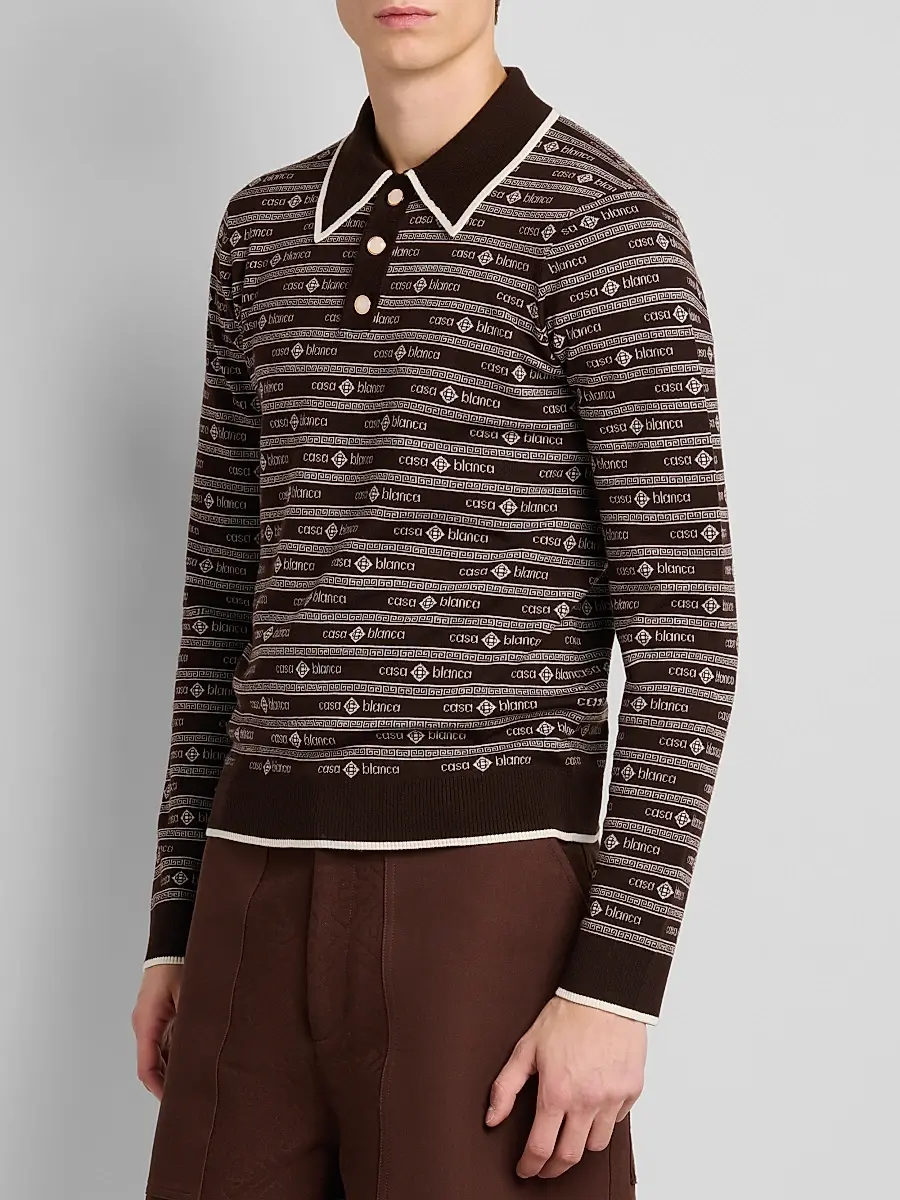 Casablanca Men's Wordmark Wool Long-Sleeve Polo Shirt - Dark Brown | Thumbnail 4