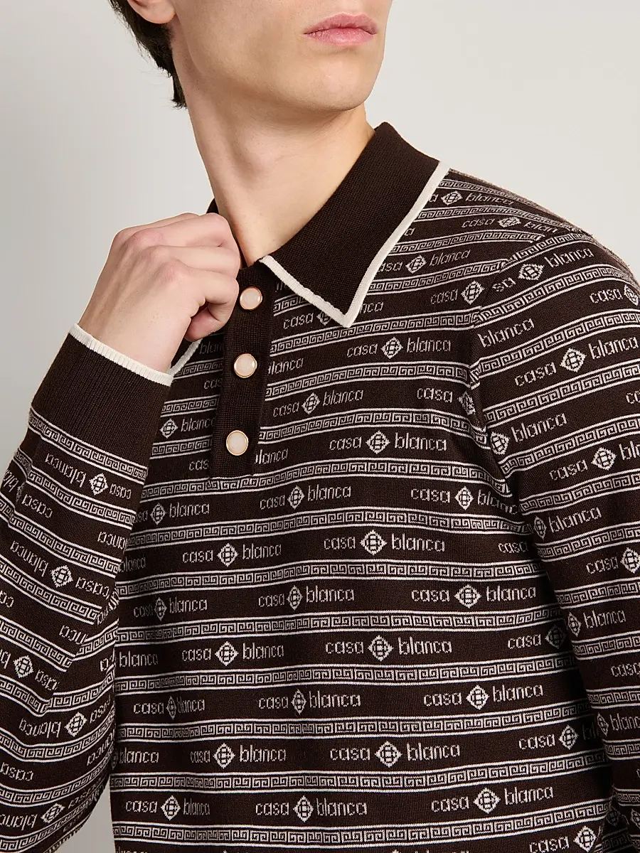 Casablanca Men's Wordmark Wool Long-Sleeve Polo Shirt - Dark Brown | Thumbnail 5