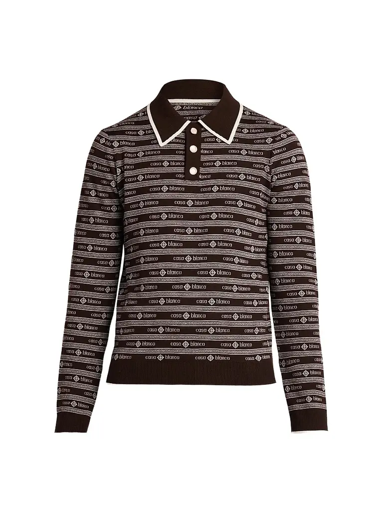 Men's Wordmark Wool Long-Sleeve Polo Shirt - Dark Brown