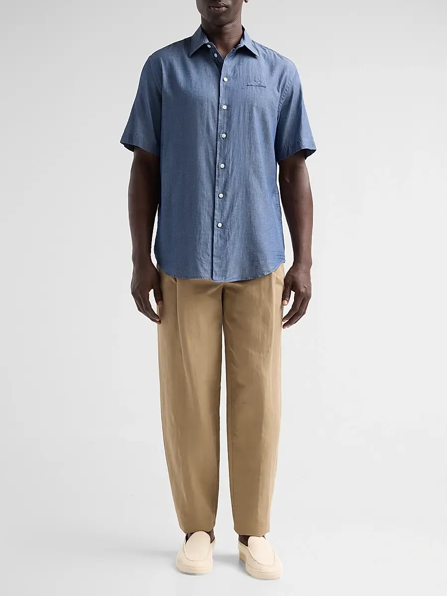 Emporio Armani Men's Solid Chambray Short-Sleeve Sport Shirt | Thumbnail 2 Emporio Armani Men's Solid Chambray Short-Sleeve Sport Shirt | Thumbnail 2
