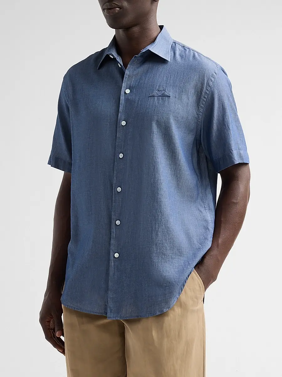 Emporio Armani Men's Solid Chambray Short-Sleeve Sport Shirt | Thumbnail 4 Emporio Armani Men's Solid Chambray Short-Sleeve Sport Shirt | Thumbnail 4