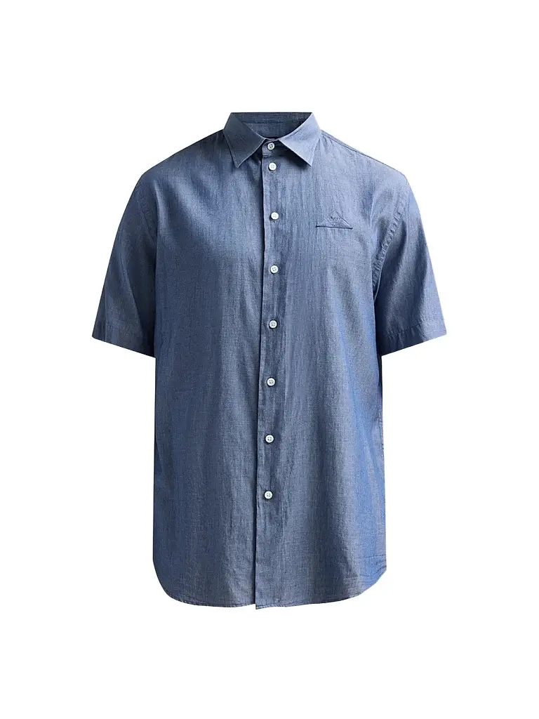 Emporio Armani Men's Solid Chambray Short-Sleeve Sport Shirt - Solid Medium Blue - Size XXL | Image 1 Emporio Armani Men's Solid Chambray Short-Sleeve Sport Shirt - Solid Medium Blue - Size XXL | Image 1