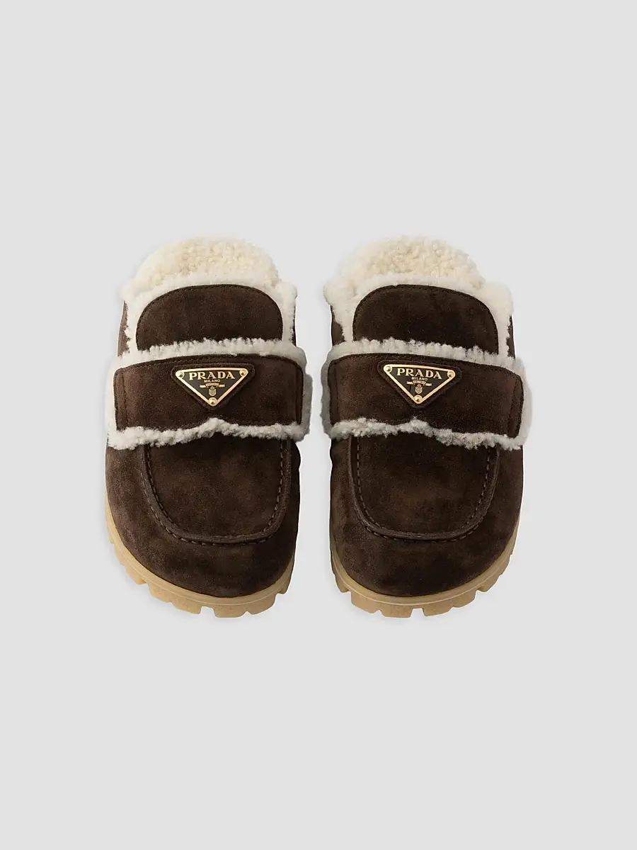Prada Women's Suede and Shearling Mules - Dark Brown | Thumbnail 2 Prada Women's Suede and Shearling Mules - Dark Brown | Thumbnail 2
