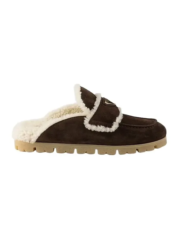 Prada Women's Suede and Shearling Mules - Dark Brown