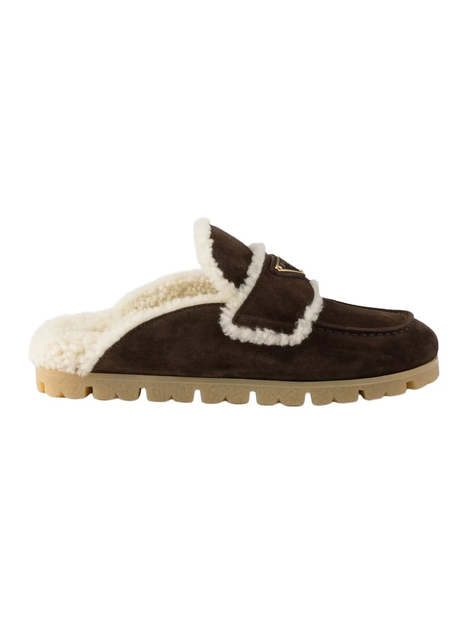 Prada Women's Suede and Shearling Mules - Dark Brown