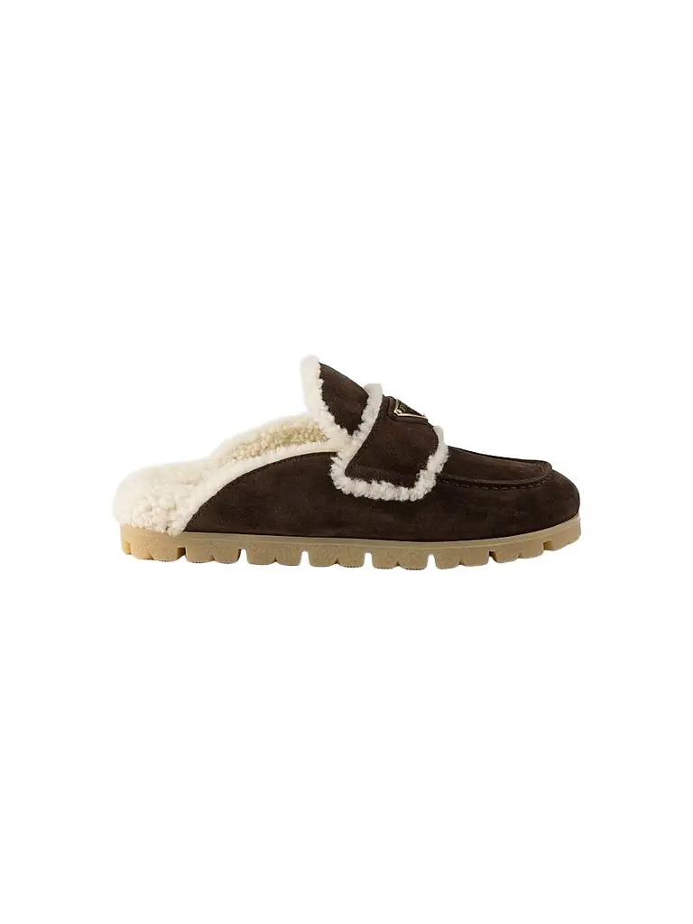 Prada Women's Suede and Shearling Mules - Dark Brown | Image 1 Prada Women's Suede and Shearling Mules - Dark Brown | Image 1