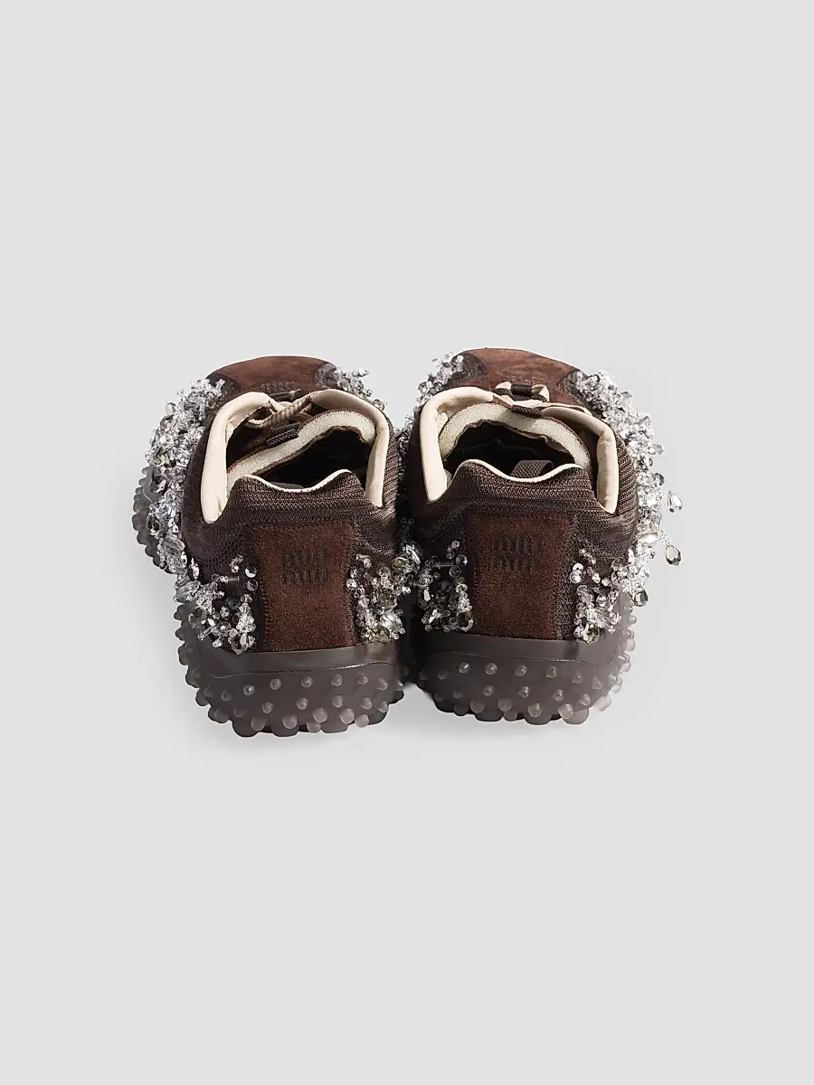 Miu Miu Women's Bubble Embroidered Technical Fabric and Suede Sneakers - Brown | Thumbnail 2