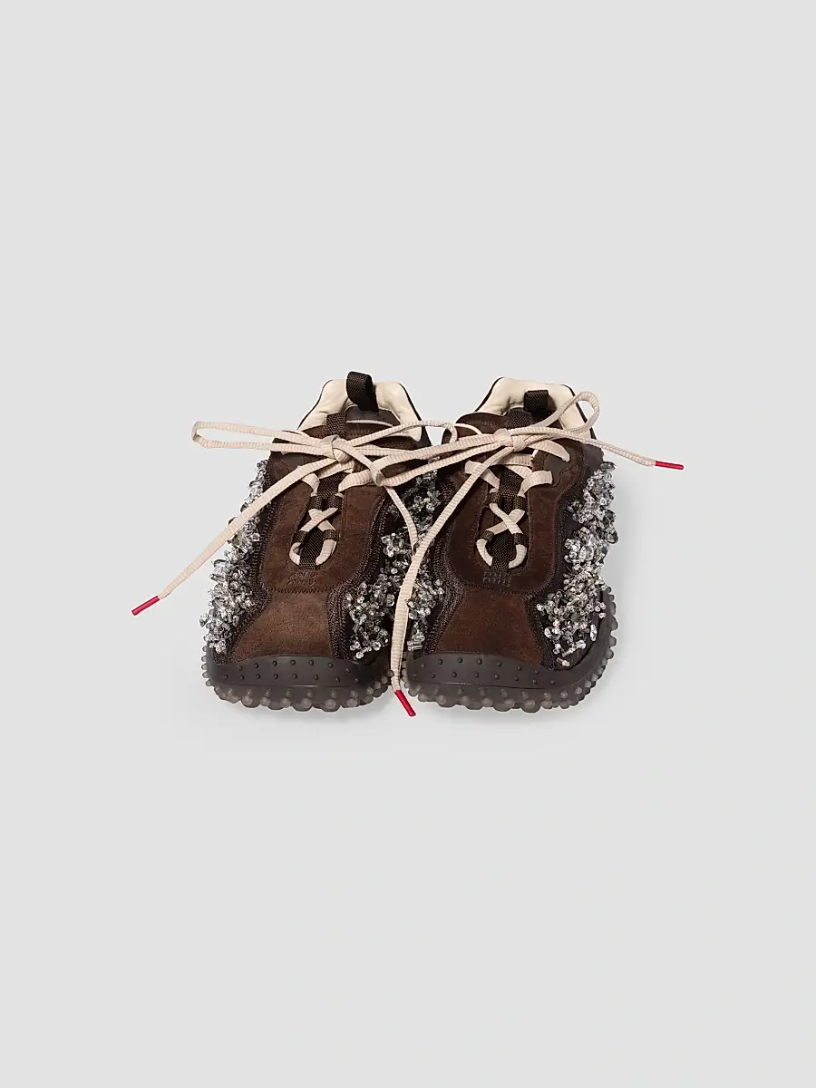 Miu Miu Women's Bubble Embroidered Technical Fabric and Suede Sneakers - Brown | Thumbnail 3