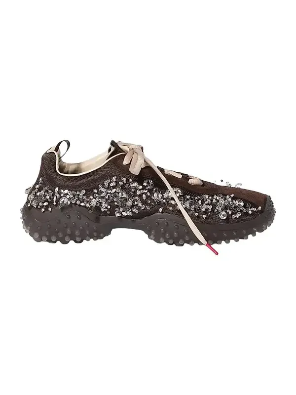 Miu Miu Women's Bubble Embroidered Technical Fabric and Suede Sneakers - Brown