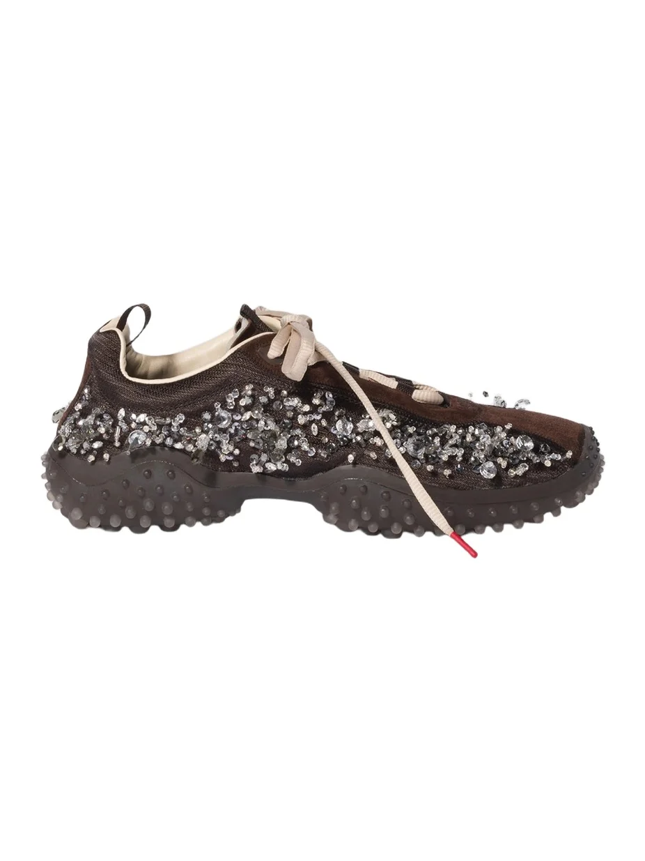 Women's Bubble Embroidered Technical Fabric and Suede Sneakers - Brown Women's Bubble Embroidered Technical Fabric and Suede Sneakers - Brown